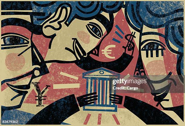 two people holding a bank,   with another person holding a dollar sign - private equity stock illustrations