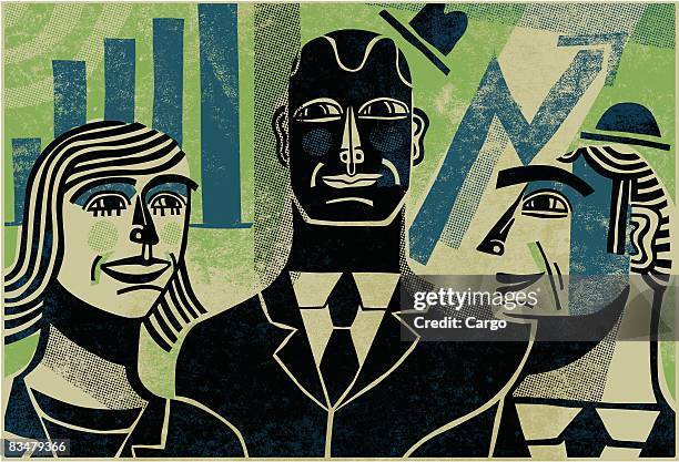 ilustraciones, imágenes clip art, dibujos animados e iconos de stock de three business colleagues standing together in front of charts - mujer con grupo de hombres