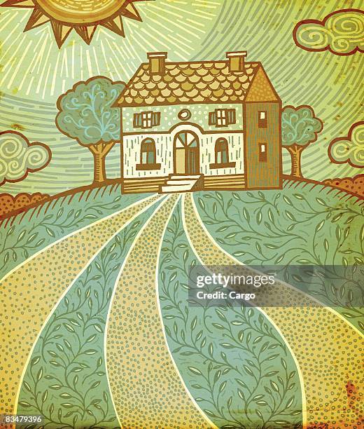 a house with three lanes leading to it - charming house stock illustrations
