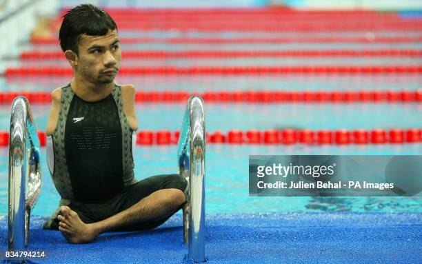 Mexican Swimmer Cristopher Tronco Sanchez waiting to compete at the National Aquatics Centre at the Beijing Paralympic Games 2008, China.