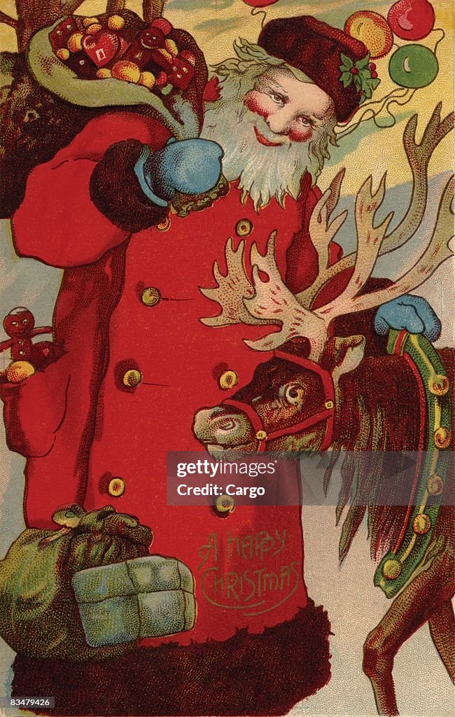 Vintage Christmas postcard of Santa Claus holding a sack of fruit,   with his reindeer