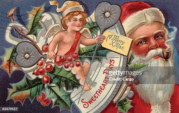 vintage christmas postcard of a cherub and santa claus in the background - baby beard stock illustrations