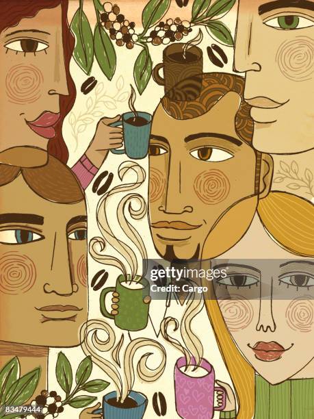five people enjoying coffee - guy drinking coffee stock illustrations