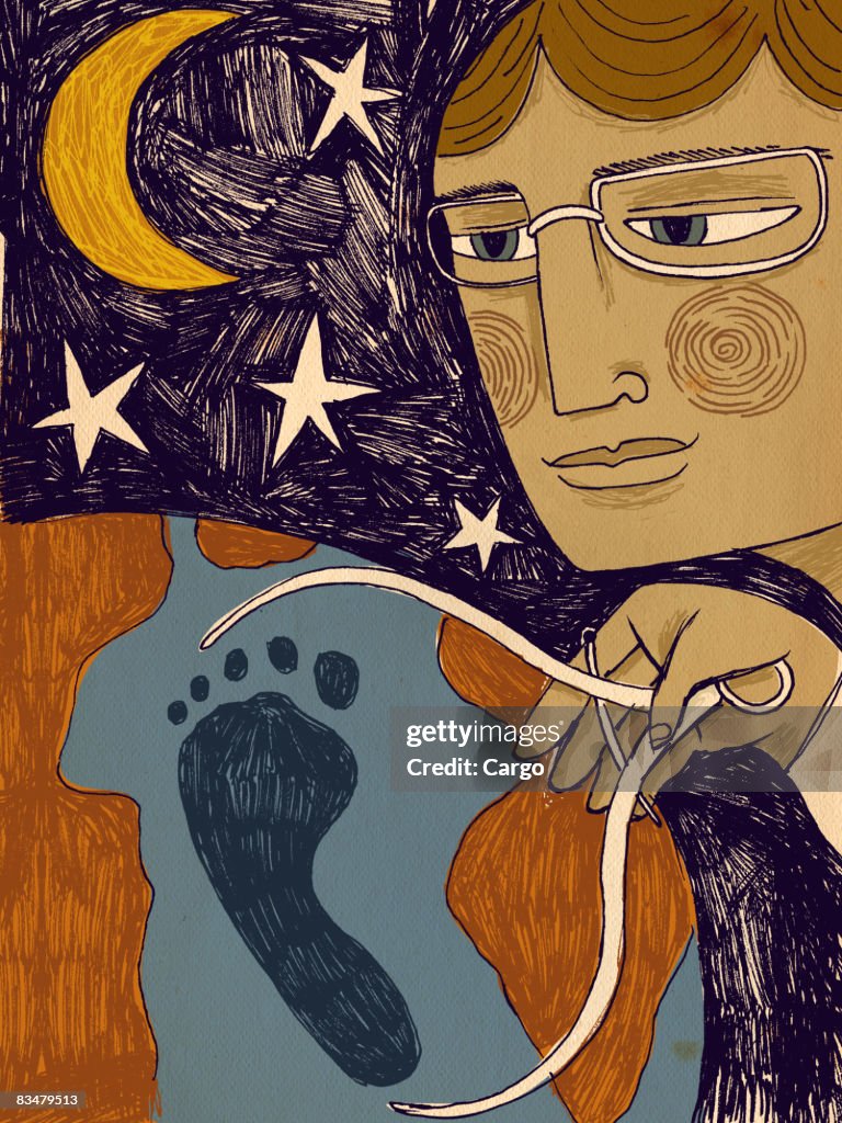 A man using calipers to measure a footprint on the earth