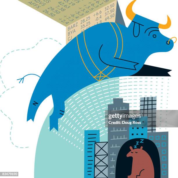 a bull leaping over a sleeping bear,  signifying a bull market - blue bear stock-grafiken, -clipart, -cartoons und -symbole