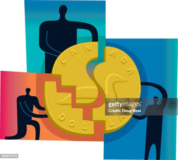 three people joining the pieces of a puzzle to form a large gold coin - loonie stock-grafiken, -clipart, -cartoons und -symbole