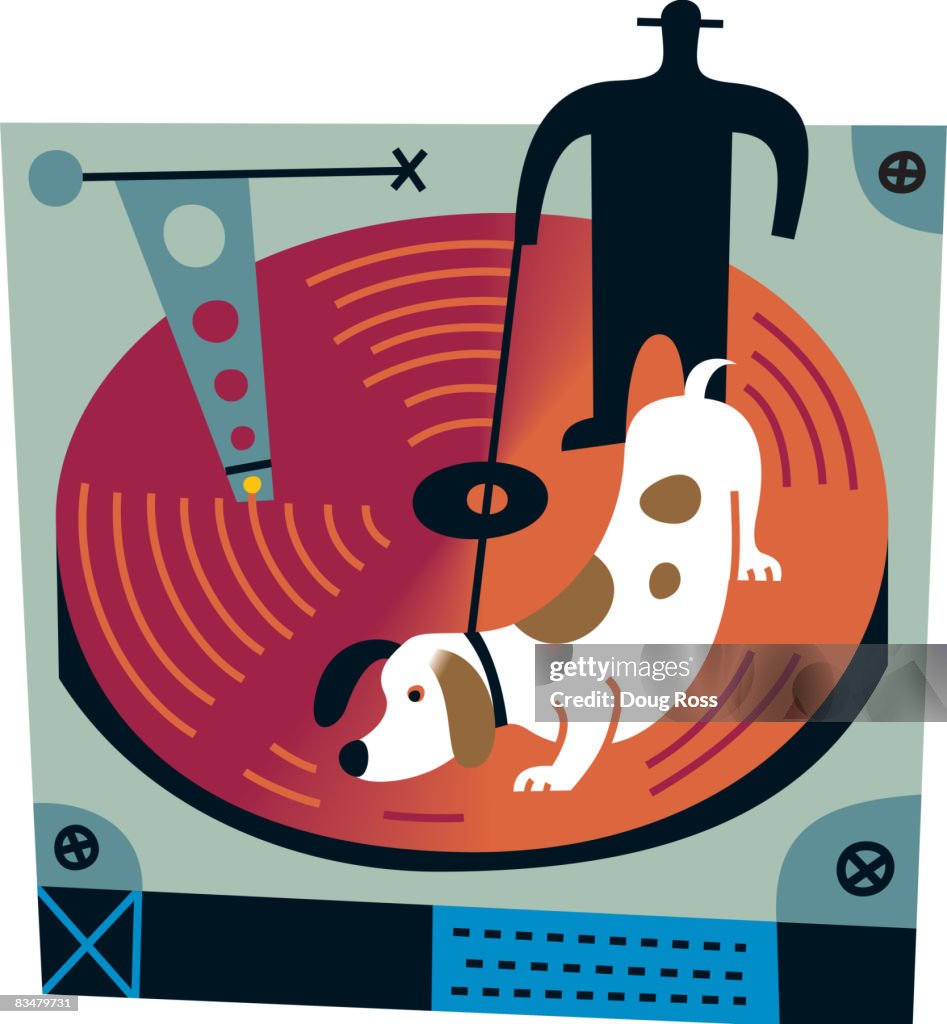 A dog sniffing a giant disk with a man holding its leash in the background