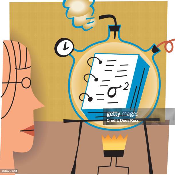 profile of a woman looking at a science experiment with a book on a burner - bell curve stock illustrations