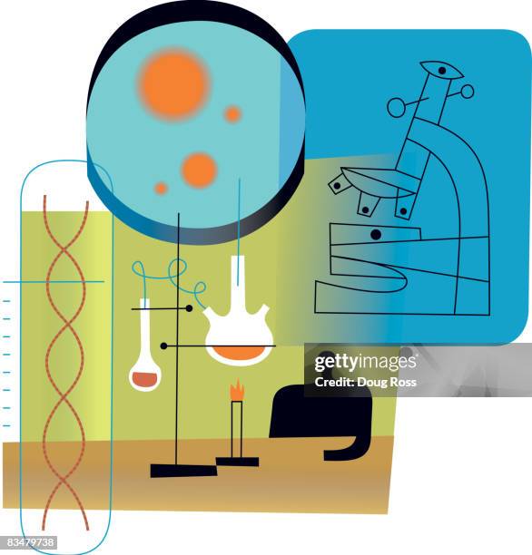 stockillustraties, clipart, cartoons en iconen met a collage about the biotech industry - bunsen burner