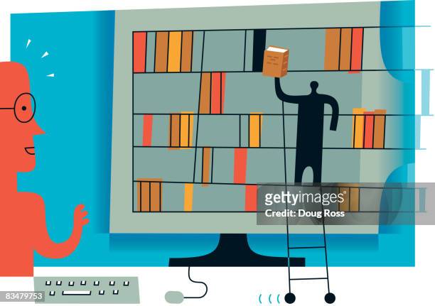 a computer screen with bookshelves and a man on ladder leaning against it to symbolize an online librarian - indexing stock illustrations