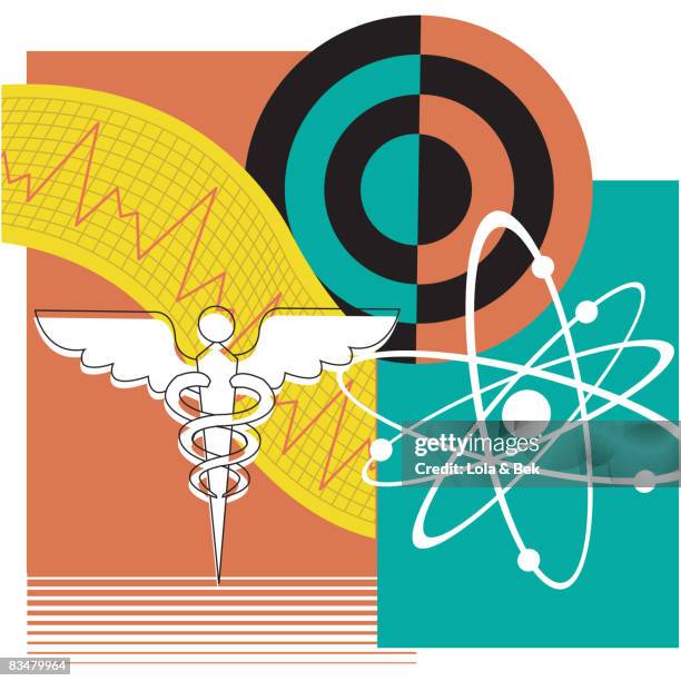 a collage with a caduceus and an atom - biology chemistry and physics stock illustrations