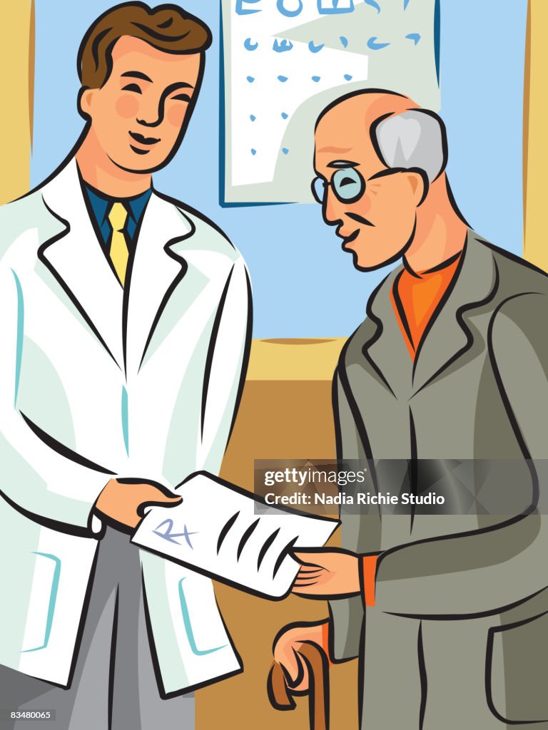 Doctor handing a prescription to an elderly man