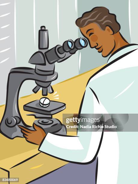 rear view of a lab technician using a microscope to look at a pill - science laboratory interior stock illustrations