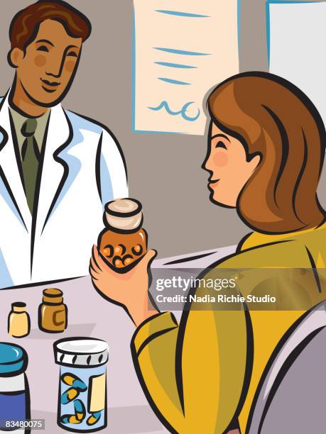 a woman holding a bottle of pills while talking to a pharmacist - pharmacist and customer stock illustrations