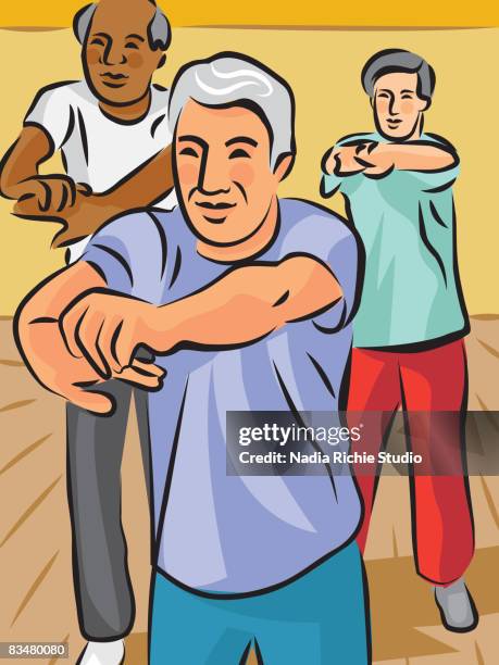 three elderly men doing stretching exercises - elderly exercise stock illustrations