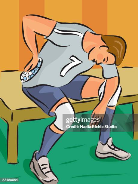 sportsman putting ice pack on back injury - ice pack stock illustrations