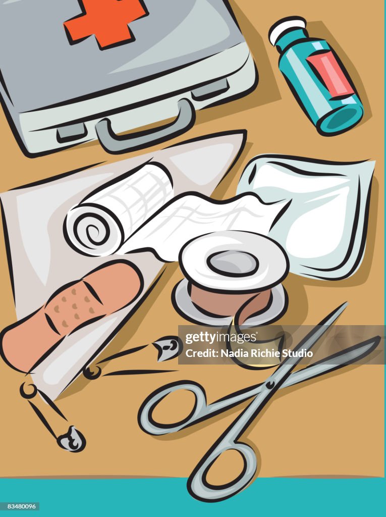 First Aid Kit And Items It Contains Scissors Gauze Bandages Tape Pads ...