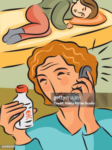 stockillustraties, clipart, cartoons en iconen met a woman calling poison control to aid a sick person lying behind her - onbekend geslacht