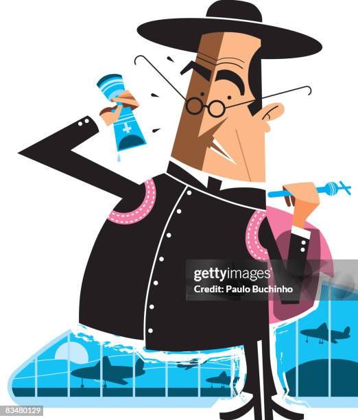 stockillustraties, clipart, cartoons en iconen met a priest traveling,  with airport in the background - hoed met rand