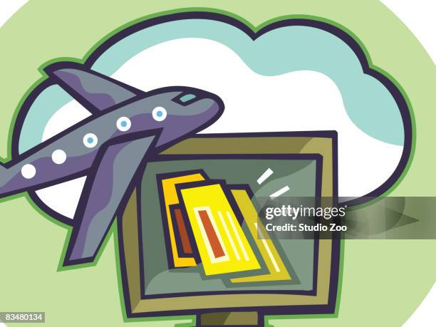 a computer monitor with tickets on the screen, and an airplane flying - e ticket stock illustrations