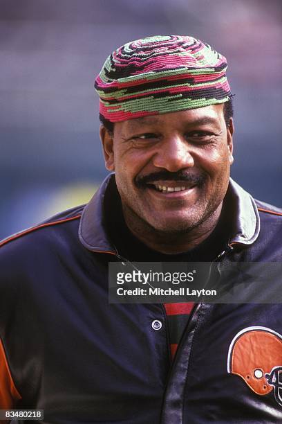 Former NFL player Jim Brown before a Cleveland Browns football game against the Houston Oilers on November 21, 1993 at Cleveland Municipal Stadium in...