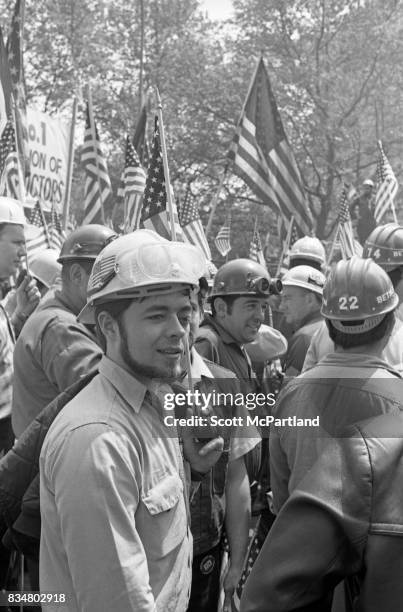 Downtown Manhattan May 1970: World Trade Center construction workers and war veterans alike protest Mayor Lindsey's decision to lower the American...