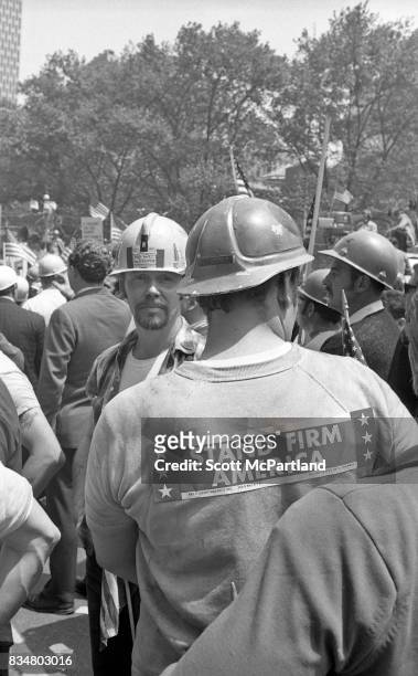 Downtown Manhattan May 1970: World Trade Center construction workers gather in Downtown Manhattan to protest Mayor Lindsey's decision to lower the...