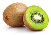whole kiwi fruit and half kiwi fruit on white