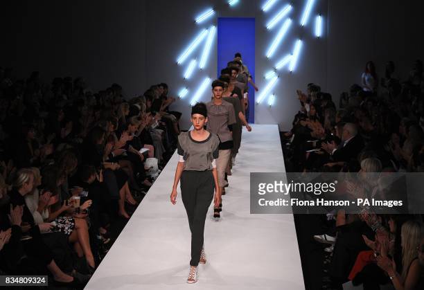 Models wear creations by designer Betty Jackson, during London Fashion Week at the BFC Tent, Natural History Museum, West Lawn, Cromwell Road, SW7.