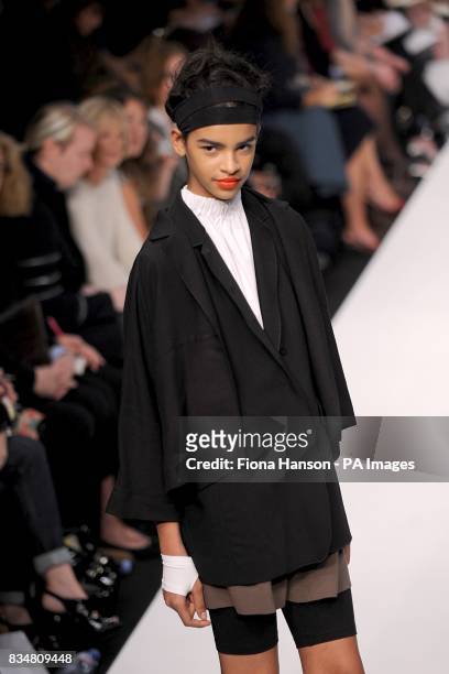 Model wears a creation by designer Betty Jackson, during London Fashion Week at the BFC Tent, Natural History Museum, West Lawn, Cromwell Road, SW7.