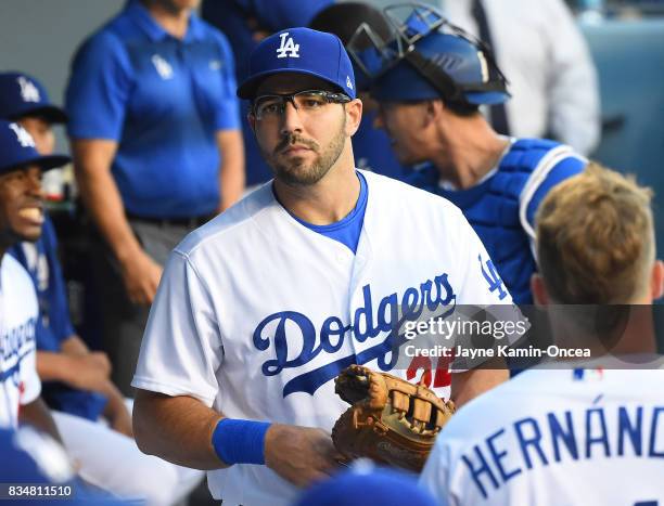 Rob Segedin of the Los Angeles Dodgers in the dugout for the game against the Chicago White Sox at Dodger Stadium on August 16, 2017 in Los Angeles,...