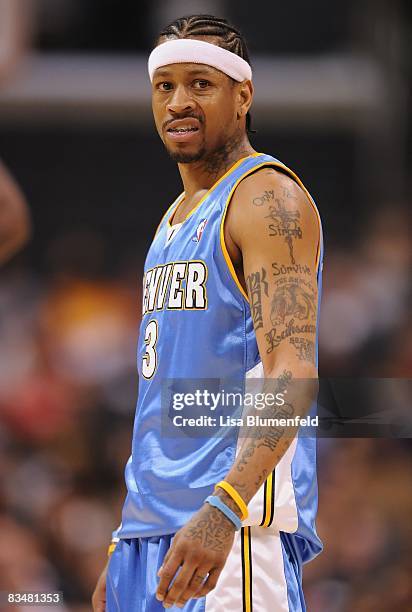 Allen Iverson of the Denver Nuggets looks on during a preseason game against the Los Angeles Clippers at Staples Center on October 22, 2008 in Los...