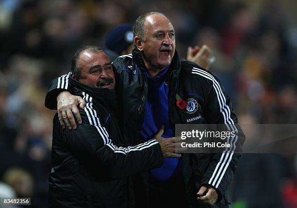 Chelsea Manager Luiz Felipe Scolari celebrates his team's second goal with Assistant Coach Flavio Teixeira during the Barclays Premier League match...