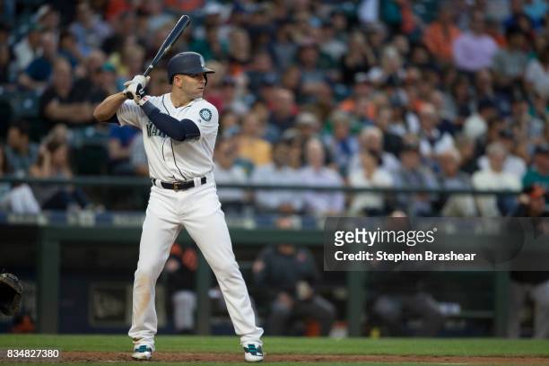 Danny Espinosa of the Seattle Mariners waits for a pitch during an at-bat in a game at Safeco Field on August 15, 2017 in Seattle, Washington. The...