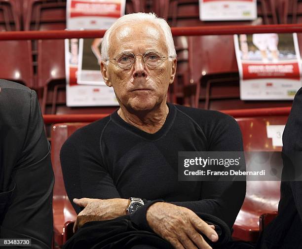 Giorgio Armani, President of AJ Milano looks on during the Euroleague Basketball Game 2 match between Armani Jeans Milano and Efes Pilsen Istanbul at...