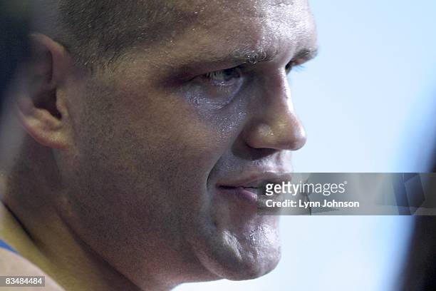 Greco-Roman Wrestling: 2004 Summer Olympics: USA Rulon Gardner after Men's 120kg Bronze Medal Match at Ano Liossia Olympic Hall. Gardner retired with...