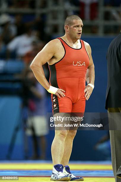 Greco-Roman Wrestling: 2004 Summer Olympics: USA Rulon Gardner vs Poland Marek Mikulski during Men's 120kg match at Ano Liossia Olympic Hall. Athens,...