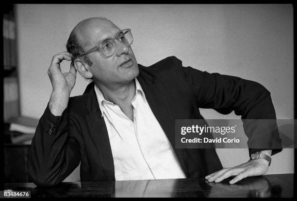 English Minimalist composer, pianist, librettist and musicologist Michael Nyman poses for a photo at EG Records on July 24, 1985 in London, England.