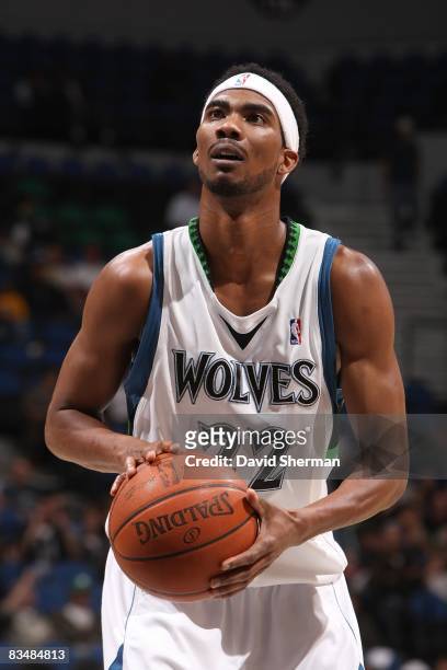 Corey Brewer of the Minnesota Timberwolves shoots a free throw during the game against the Milwaukee Bucks on October 23, 2008 at the Target Center...
