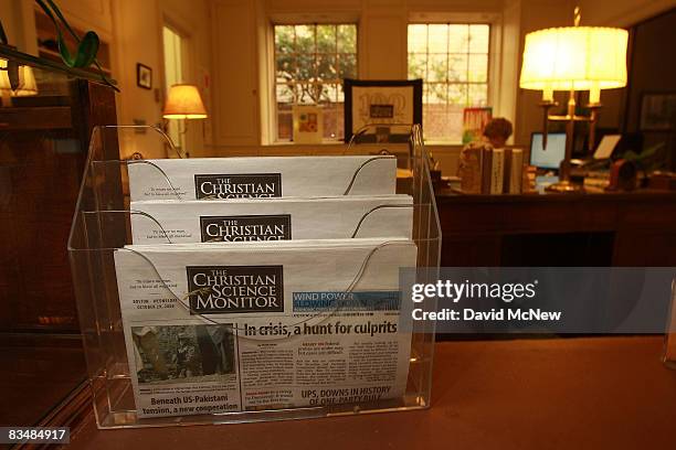 Copies of The Christian Science Monitor are sold in a Christian Science reading room at the First Church of Christ Scientist on October 29, 2008 in...