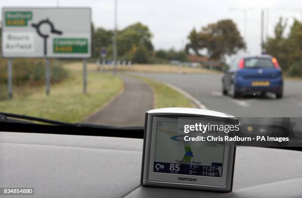 An unnamed Road is shown on a Tom Tom Sat-Nav in a street in Cambridge