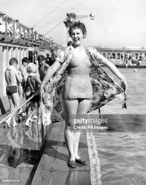 Anne Wilson is pictured at the bathing pool at Great Yarmouth after testing the new bouyant swimsuit. The swimsuit is the invention of Mark Shaw, it...