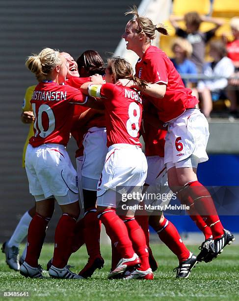 England celebrates team mate Dan Carter's goal during the Under 17 Womans World Cup match between the England and Brazil at Westpac Stadium on...