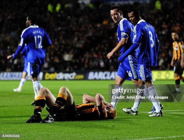 Paul McShane of Hull City shows his disappointment after missing a chance against Chelsea during the Barclays Premier League match at the Kingston...