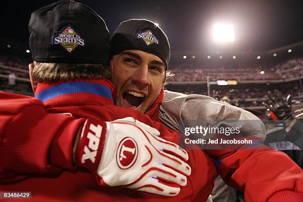 Starting pitcher Cole Hamels of the Philadelphia Phillies celebrates winning the WOrld Series after their 4-3 win against the Tampa Bay Rays during...