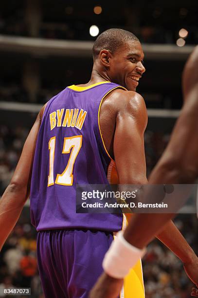 Andrew Bynum of the Los Angeles Lakers smiles during a game against the Los Angeles Clippers at Staples Center on October 29, 2008 in Los Angeles,...