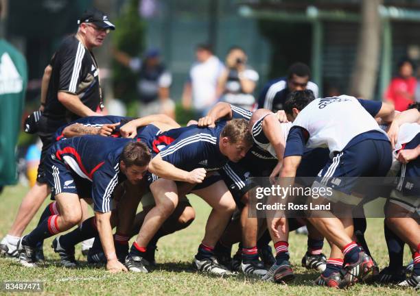 Scrum coach Mike Cron of the All Blacks works with the forwards during an All Blacks training session held at Victoria Park October 30, 2008 in Hong...