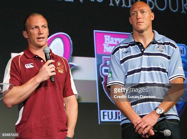 Darren Lockyer and Craig Fitzgibbon attend the launch of the 2009 State of Origin Series at the Telstra Dome on October 30, 2008 in Melbourne,...