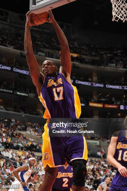 Andrew Bynum of the Los Angeles Lakers pulls down a rebound the Los Angeles Clippers at Staples Center on October 29, 2008 in Los Angeles,...