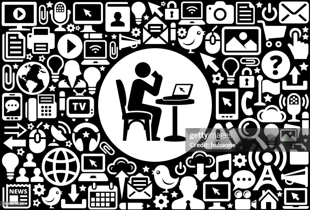 Drinking & Working Icon Black and White Internet Technology Background